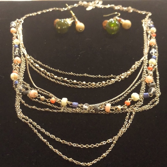 Loft Gold Tone Multi Strand Necklace & Earrings With Earth Tone Beads - Picture 3 of 13